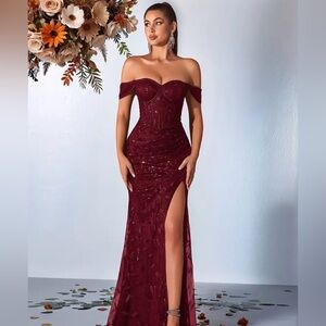 Elegant Sequin Mermaid Gown, Off-the-Shoulder w/ High Slit